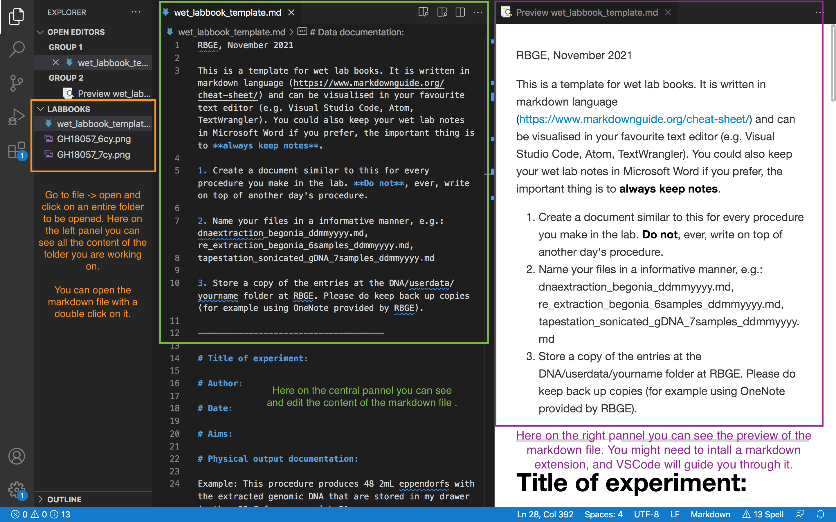 This is an example of VSCode in action showing a template for wet lab notebook using markdown language